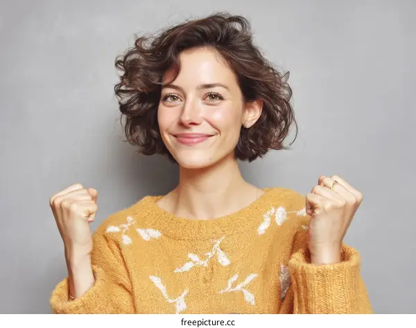 Happy young woman with curly hair wearing yellow sweater raises fists
