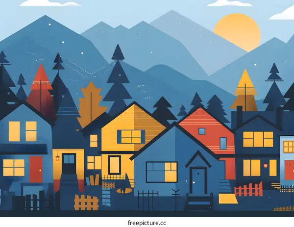 Geometric Illustration of Houses in the Mountains at Sunset
