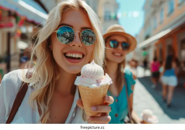 Two happy young women friends walking down the street and eating ice cream.