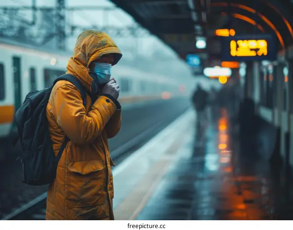 Man in a yellow jacket and a mask waiting for a train on a rainy day