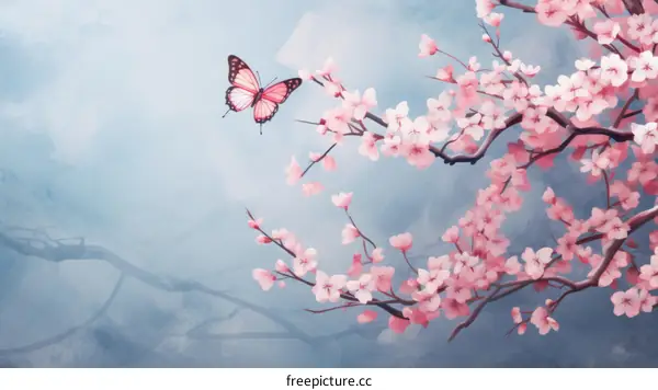 Pink Cherry Blossom Flowers with a Pink Butterfly