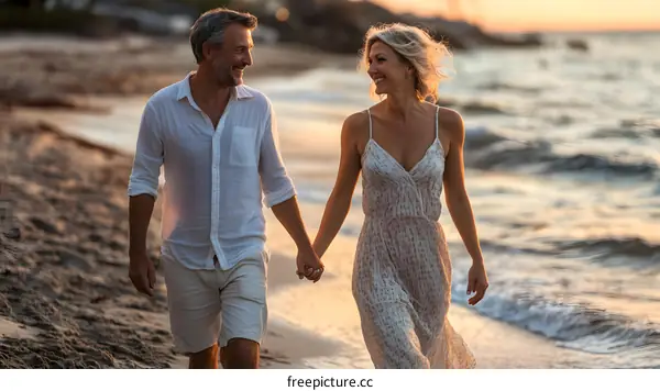 Couple Walking on Beach at Sunset