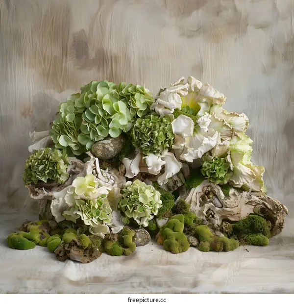 Green and White Flower Arrangement on a Rustic Background