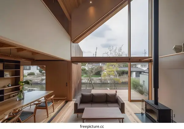 Modern Japanese Home Interior Design With Wooden Beams And Large Windows