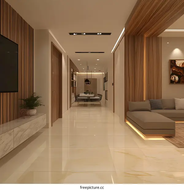 Modern Minimalist Home Interior Design With Wooden Wall Panels And Marble Floor