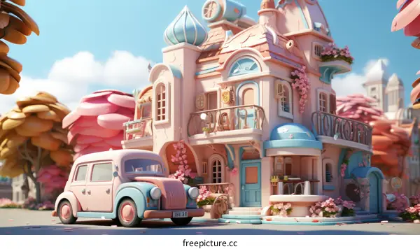 A pink and blue cartoon house with a pink car parked in front of it
