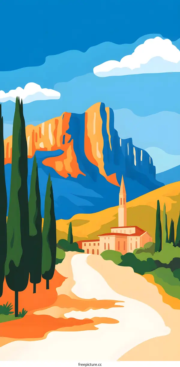 Mountain Landscape Illustration with Church and Trees