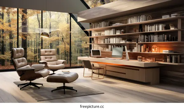 Modern home office with large windows and a view of the forest