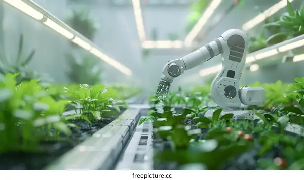 Automated indoor vertical farming with robotic arm watering plants