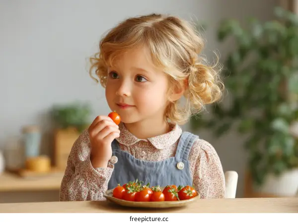 Cute Little Girl Eating Cherry Tomatoes