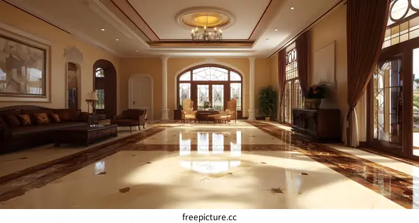 Luxurious Living Room Interior Design with Arched Windows and Chandelier