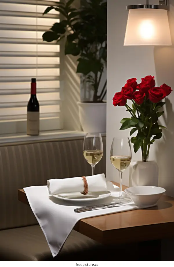 Romantic Table Setting for Two with Red Wine and Roses
