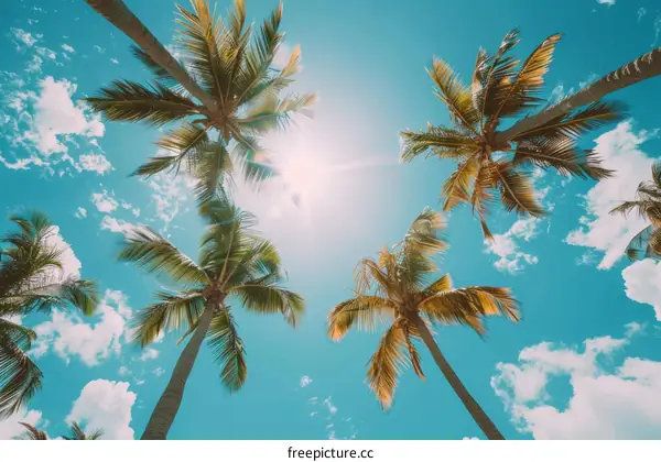 Looking up at the sun through the leaves of palm trees