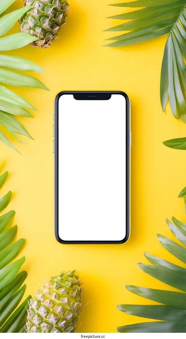 Tropical Phone Mockup with Pineapple and Palm Leaves on Yellow Background