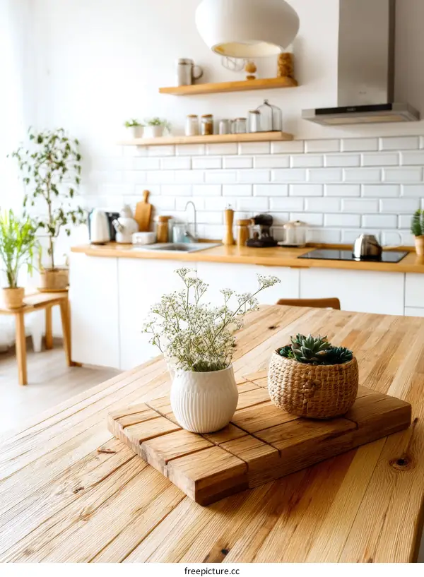 Cozy Modern Farmhouse Kitchen with Wooden Table and Plants