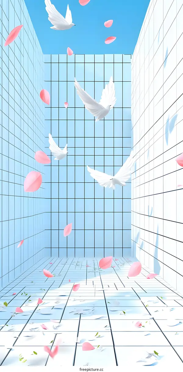 White Doves Flying in a Blue and White Grid Room