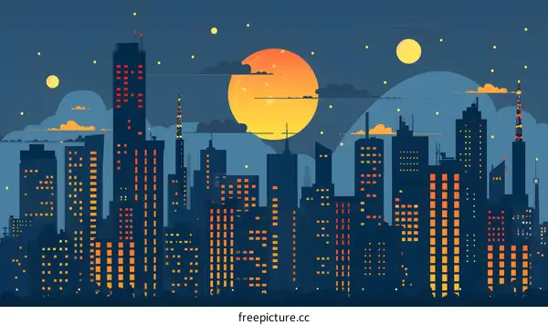 Night City Skyline with Big Moon Illustration