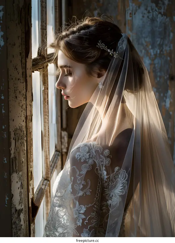 Beautiful bride in a white dress posing near the window