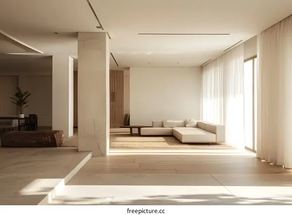 Minimalist Living Room Interior Design With White Sofa and Wooden Floor