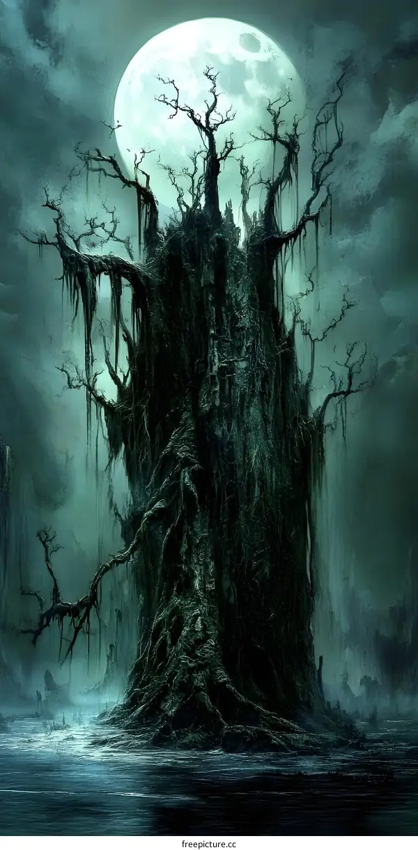 Dark Fantasy Tree Illustration with Full Moon