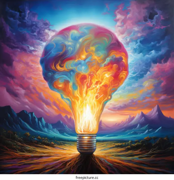 Imaginative Surreal Painting of Light Bulb with Ethereal Smoke Cloud