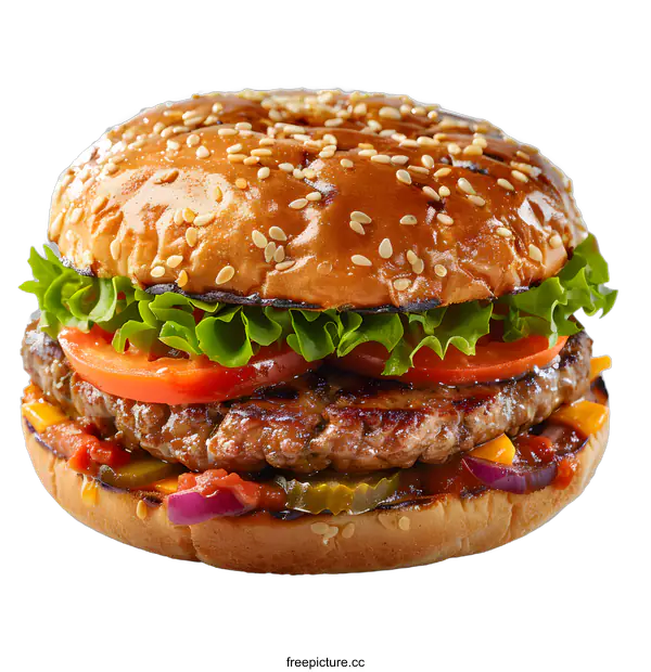 [Transparent Background PNG]Close up of a Delicious Cheeseburger with Lettuce, Tomato, and Pickle