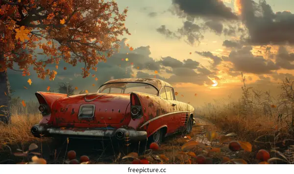 Red Retro Car in a Wheat Field at Sunset