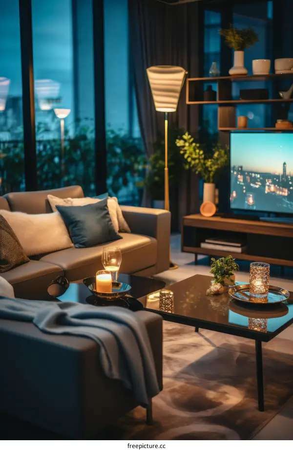 A cozy living room with a sofa, TV, and coffee table