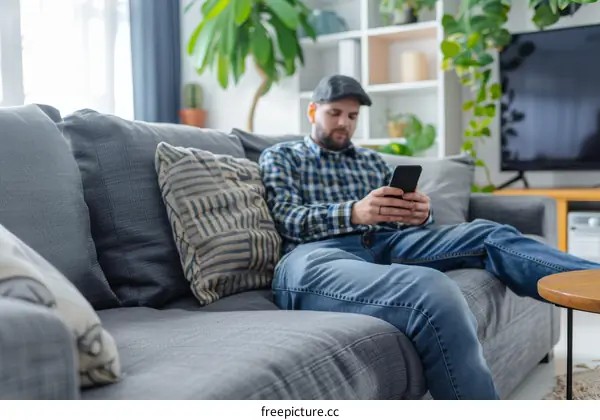 A man is sitting on the couch and using his phone