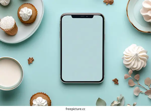 Flat Lay of Smartphone with Coffee and Dessert on Blue Background