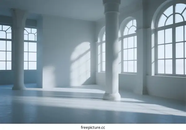 Spacious White Room with Arched Windows and Columns
