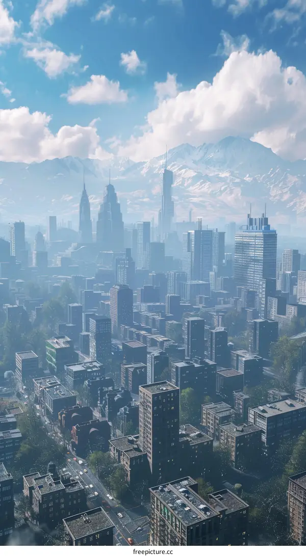 A bustling metropolis with skyscrapers and a mountain backdrop