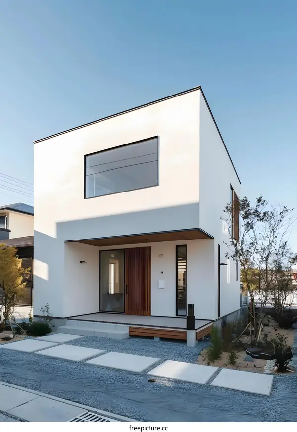 Modern White House with Wooden Door and Stone Patio