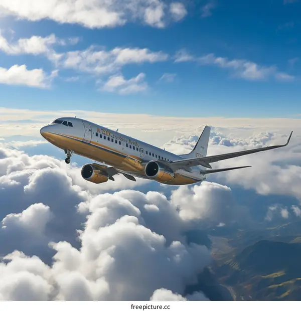 A golden airplane is flying in the blue sky above the clouds