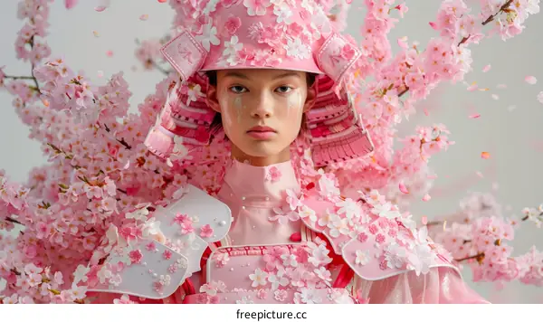 A young woman wearing a pink samurai armor stands in a field of cherry blossoms.