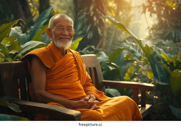 A smiling Asian monk sits on a bench in a lush garden