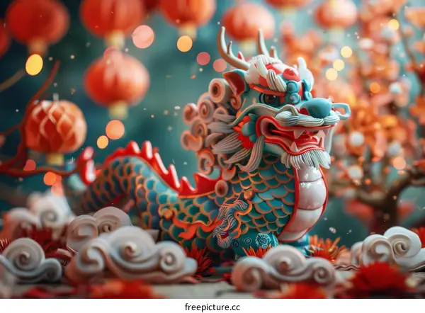 Clay Chinese Dragon Figurine with Red Lanterns