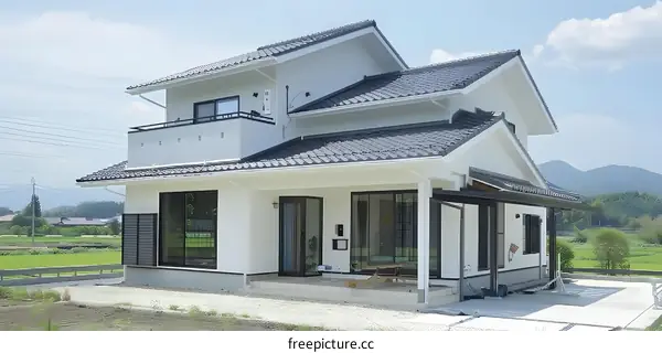 Modern White Two Story House with Black Roof in Japan