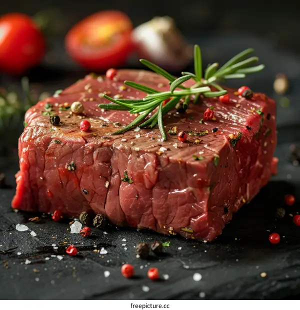 Raw steak with rosemary and spices