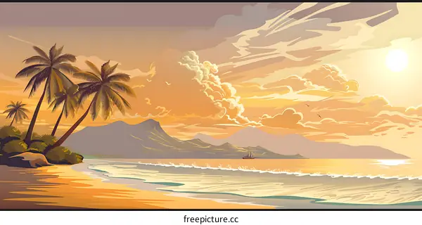 Sunset Beach Landscape With Palm Trees