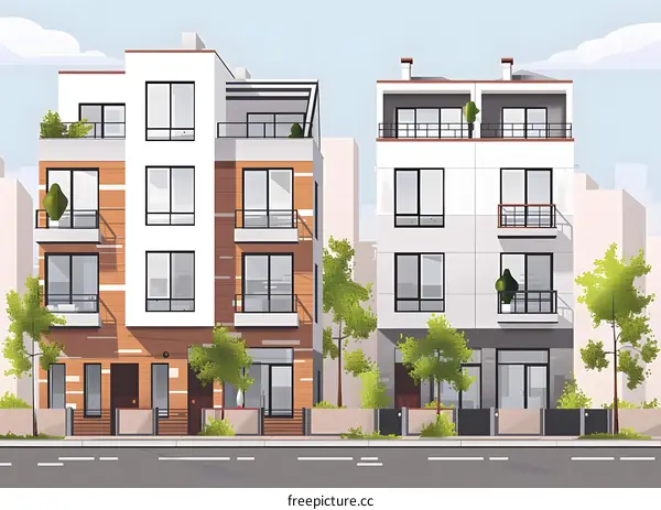 Modern Townhouses with Green Trees