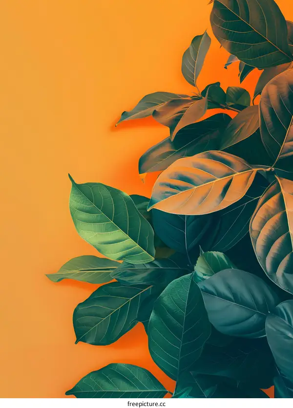 Tropical Green Leaves on Orange Background