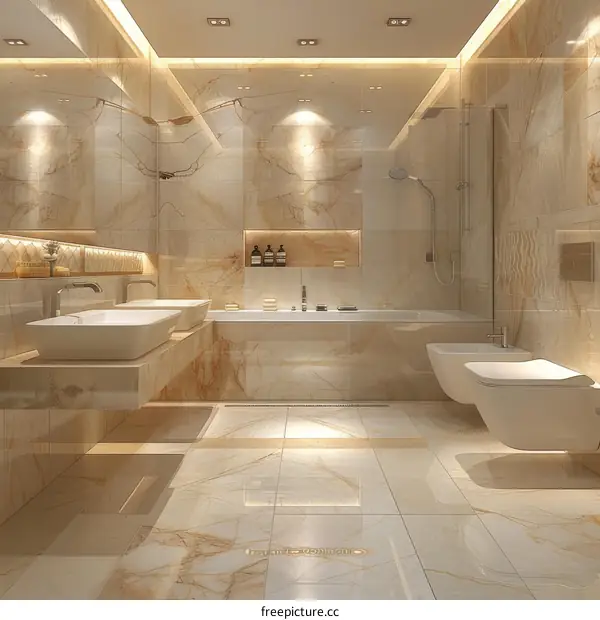 Modern Bathroom Interior Design with Beige Marble Tiles
