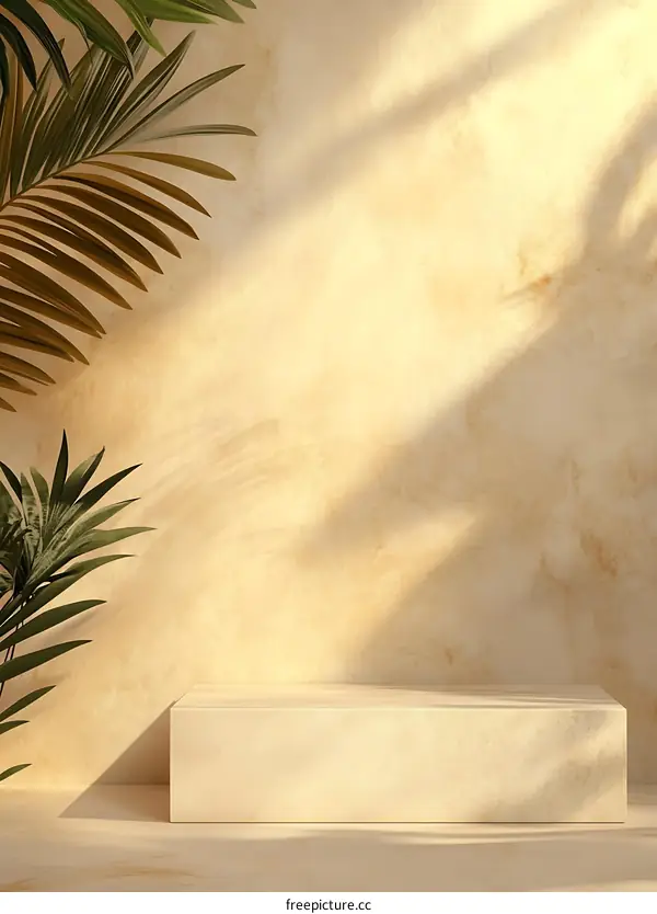 Minimalist Beige Product Display Stand with Palm Leaf Shadows