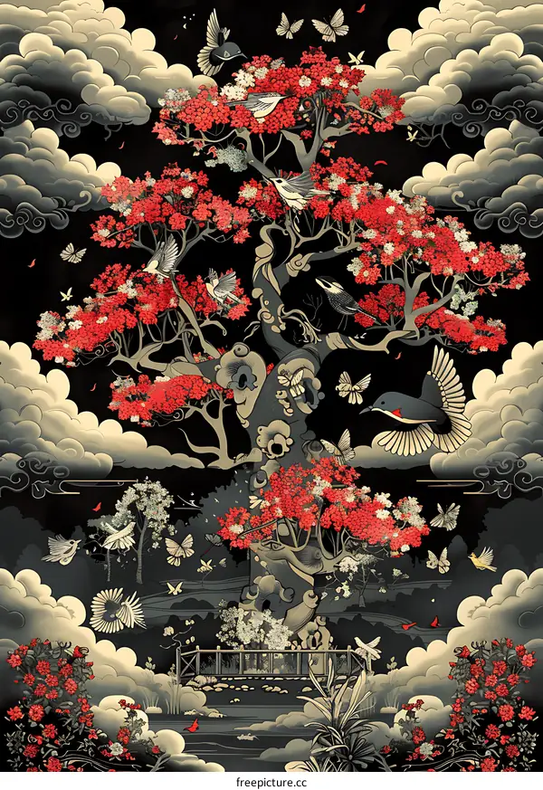 Black and Gold Tree with Red Flowers and Birds
