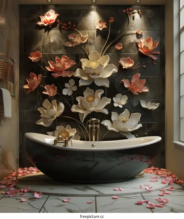 Luxury Bathroom Interior with Floral Wall Decor