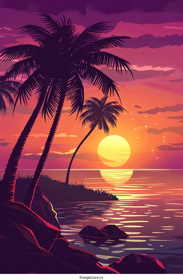 Palm Trees Sunset Ocean Illustration