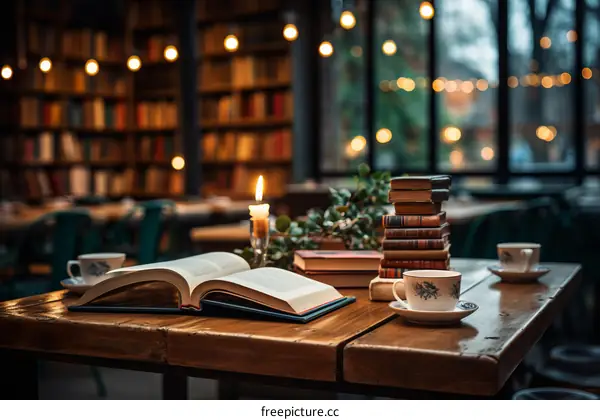 A cozy library with wooden tables and books