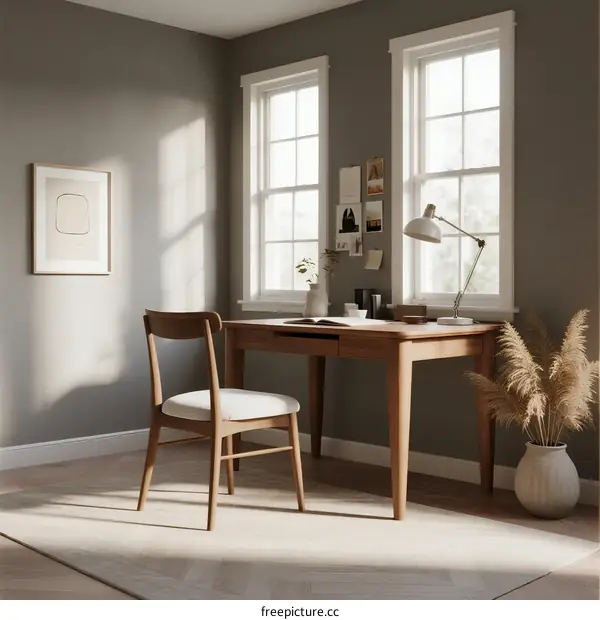 Minimalist wooden desk with chair and window in cozy home office