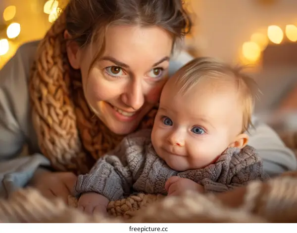 A mother is lying on a bed with her baby.